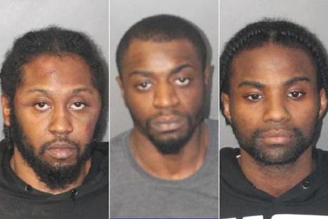 Police identified the suspects as (from left) Darius Carter, 27, of Dorchester; Dennis Martin, 23, of Boston; and Stephan Stewart, 26, of Dorchester.
