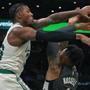 01-28-19: Boston, MA: The Celtics Marcus Smart blocked this first half shot attempt by the Nets D'Angelo Russell. The Boston Celtics hosted the Brooklyn Nets in a regular season NBA basketball game at the TD Garden. (Jim Davis /Globe Staff)