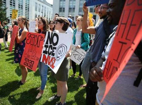 Students at Northeastern University protest the Immigration and Customs Enforcement agency in July.
