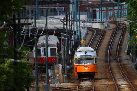 Big Picture only. Not for print. BOSTON, MA - 05/16/16 - A trolley on the Mattapan Ashmont High Speed Trolley Line leaves Ashmont Station. The trolley to Mattapan Square extends the Red Line, which ends at Ashmont. Lane Turner/Globe Staff Section: MAG Reporter: in caps Slug:
