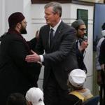 Shaykh Yasir Fahmy greeted Governor Charlie Baker at the Islamic Society of Boston Cultural Center. 