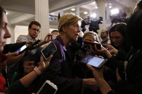 Senator Elizabeth Warren spoke to reporters last month.
