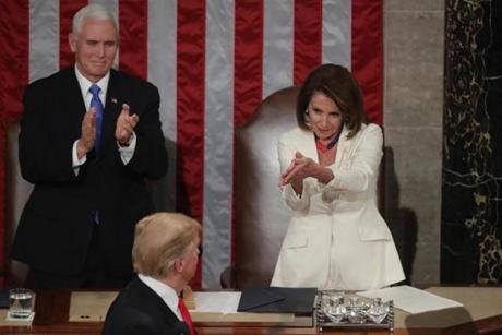 WASHINGTON, DC - FEBRUARY 05: Speaker Nancy Pelosi and Vice President Mike Pence applaud President Donald Trump at the State of the Union address in the chamber of the U.S. House of Representatives at the U.S. Capitol Building on February 5, 2019 in Washington, DC. President Trump's second State of the Union address was postponed one week due to the partial government shutdown. (Photo by Chip Somodevilla/Getty Images)
