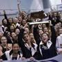 Boston, MA, 11/18/2018 -- Members of Andover's swim team lift the trophy after winning the MIAA All-State Division 1 Swimming and Diving Championships at Harvard's Blodgett Pool. (Jessica Rinaldi/Globe Staff) Topic: 19schswim Reporter:
