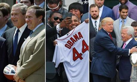 From left: George W. Bush and Bill Belichick in 2004; David Ortiz and Barack Obama in 2014; and Donald Trump and Robert Kraft in 2017.
