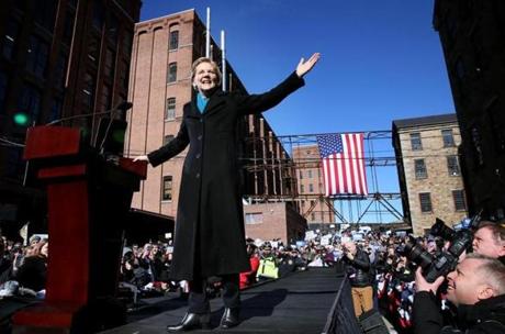 Lawrence, MA - February 09, 2019: during a rally at Everett Mills in Lawrence, MA on February 09, 2019. US Senator Elizabeth Warren, the law professor turned firebrand of the progressive left, made her run for the presidency official on Saturday, laying out a populist vision for the change needed to right an economy gone wrong that imbued her longtime focus on inequality with new liberal tenants like Medicare for All and the Green New Deal. Speaking on the steps of a hulking mill building, Warren kicked off her campaign with a history lesson about the immigrant women who had gone on strike inside more than a century ago to protest squalid labor conditions and dwindling pay, connecting themes of labor rights, immigration, and gender to her own campaign. (Craig F. Walker/Globe Staff) section: Metro reporter:
