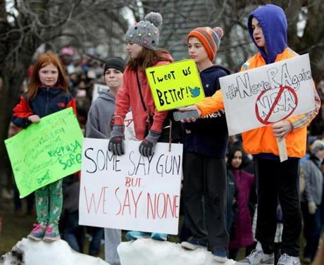 03/23/2018 Boston Ma- Left to right are Charlotte Diana (cq) Sam Newman (cq) Rachel Newman (cq) Ben Newman (cq) and Luke Andrews (cq) at The March for Our Lives on Boston Common.Jonathan Wiggs /Globe Staff Reporter:Topic. 

