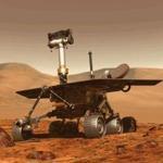 A computer generated image shows the Opportunity rover of NASA.