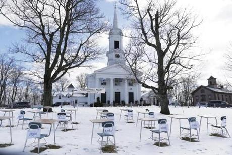 Church officials placed 17 chairs outside of the Unitarian Universalist Church in Sherborn to mark the one year anniversary of the Parkland school shooting: 

