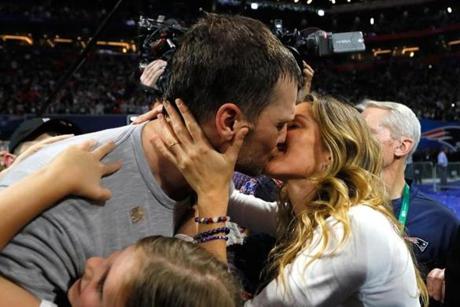 ATLANTA, GA - FEBRUARY 03: Tom Brady #12 of the New England Patriots kisses his wife Gisele Bündchen after the Super Bowl LIII against the Los Angeles Rams at Mercedes-Benz Stadium on February 3, 2019 in Atlanta, Georgia. The New England Patriots defeat the Los Angeles Rams 13-3. (Photo by Kevin C. Cox/Getty Images)
