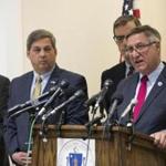 Boston, Massachusetts - 5/2/2018 - Massachusetts Senator Michael J. Rodrigues along with members of the Massachusetts ethics committee addresses members of the media to discuss possible ethics violations by former Senator President Stan Rosenberg in Boston, Massachusetts, May 2, 2018. The Senate Committee on Ethics found ?significant failure of judgment and leadership by Senator Rosenberg in his role as Senate President. Those failures undermined the integrity of the Senate and had destructive consequences for the body and the people with business before it.? (Keith Bedford/Globe Staff)