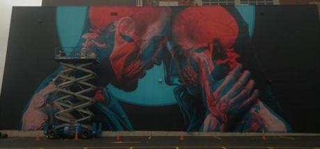 Artist Insane51's mural in Worcester gives viewers three different perspectives. This is the normal view. (Lisa Drexhage/ Pow! Wow! Worcester!) 16mural 
