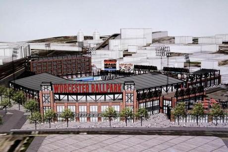 A copy of a rendering of the proposed ballpark in Worcester.
