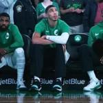 Boston, MA: 10-30-17: The Celtics (left to right) Kyrie Irving , Jayson Tatum and Al Horford wait to be introduced during pre game player introductions. The Boston Celtics hosted the San Antonio Spurs in a regular season NBA basketball game at the TD Garden. (Jim Davis/Globe Staff)