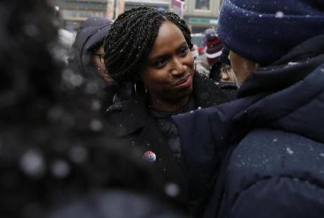 Representative Ayanna Pressley, Democrat of Roxbury, spoke to protesters at Monday?s rally in Harvard Square.
