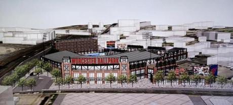 A copy of a rendering of the proposed ball park in Worcester.
