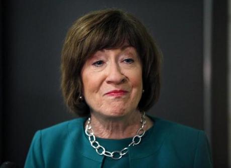 FILE- In this Sept. 21, 2018 file photo, U.S. Sen. Susan Collins, R-Maine, speaks to news media at Saint Anselm College in Manchester, N.H.Democrats are eager to unseat Collins. Critics are still incensed over the prominent centrist's vote for Supreme Court nominee Brett Kavanaugh and are angry over the government shutdown. They say she has veered to the right and are no longer confident she'll stand up to President Donald Trump. (AP Photo/Elise Amendola, File)
