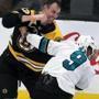 2-26-19 Boston, MA: The Sharks Evander Kane took down the Bruins Zdeno Chara at the beginning of a third period brawl, but Chara got up and landed some hits of his own. The Boston Bruins hosted the San Jose Sharks in a regular season NHL hockey game at the TD Garden. (Jim Davis /Globe Staff). .