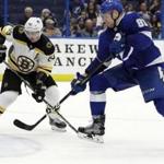 Tampa Bay Lightning defenseman Erik Cernak (81) keeps Boston Bruins left wing Brad Marchand (63) from a rebound after a save by goaltender Louis Domingue during the third period of an NHL hockey game Thursday, Dec. 6, 2018, in Tampa, Fla. (AP Photo/Chris O'Meara)