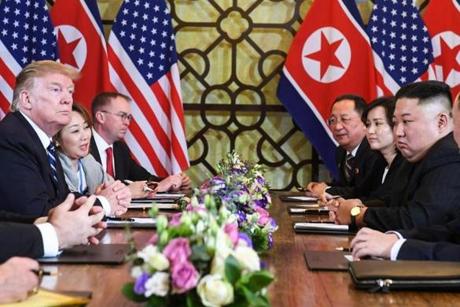 US President Donald Trump (L) and North Korea's leader Kim Jong Un (R) hold a bilateral meeting during the second US-North Korea summit at the Sofitel Legend Metropole hotel in Hanoi on February 28, 2019. (Photo by Saul LOEB / AFP)SAUL LOEB/AFP/Getty Images
