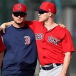 Fort Myers, FL - 2/21/2019 - Boston Red Sox left fielder Andrew Benintendi (16) and Boston Red Sox second baseman Brock Holt (12). Day 10 Red Sox Spring Training at JetBlue Park in Fort Myers, FL.. - (Barry Chin/Globe Staff), Section: Sports, Reporter: Peter Abraham, Topic: 22Red Sox, LOID: 8.5.480462370.