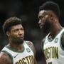 Boston, MA--03/01/2019--Celtics guard Marcus Smart (36) speaks with Celtics forward Jaylen Brown (7) during the second half of Friday night's game against Washington in TD Garden. (Nathan Klima for The Boston Globe) Topic: Celtics-Wizards Reporter: