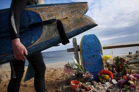 A memorial in Wellfleet last fall honored Arthur Medici, the first person killed by a shark in Massachusetts since 1936.
