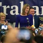 Lori Trahan gave her victory speech in Lowell on Nov. 6, with husband, David, behind her.