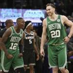 Boston Celtics' Terry Rozier, left, and Gordon Hayward celebrates after beating the Sacramento Kings 111-109 in an NBA basketball game, Wednesday, March 6, 2019, in Sacramento, Calif. Hayward scored the gaming winning basket in the closing seconds of the game. (AP Photo/Rich Pedroncelli)