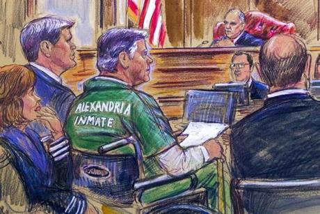 This courtroom sketch depicts former Trump campaign chairman Paul Manafort, center in a wheelchair, during his sentencing hearing in federal court before judge T.S. Ellis III in Alexandria, Va., Thursday, March 7, 2019. Manafort was sentenced to nearly four years in prison for tax and bank fraud related to his work advising Ukrainian politicians, a significant break from sentencing guidelines that called for a 20-year prison term. (Dana Verkouteren via AP)

