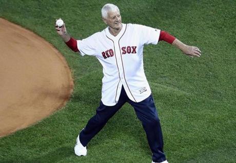 BOSTON, MA - OCTOBER 23: Former Boston Red Sox player Carl Yastrzemski throws out the ceremonial first pitch prior to Game One of the 2018 World Series between the Boston Red Sox and the Los Angeles Dodgers at Fenway Park on October 23, 2018 in Boston, Massachusetts. (Photo by Rob Carr/Getty Images)
