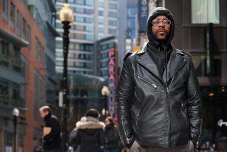BOSTON, MA - March 07, 2019: - Anthony Watson poses for a portrait at Downtown Crossing in Boston, MA on March 06, 2019. Watson, 32, was allegedly beaten by a Transit Police officer last summer, then falsely arrested in an effort by the officer and two sergeants to cover it up. Watson spent the night in jail before being released. (Craig F. Walker/Globe Staff) section: Metro reporter: 
