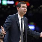 Boston Celtics head coach Brad Stevens protests a call during the first half of an NBA basketball game against the Houston Rockets in Boston, Sunday, March 3, 2019. (AP Photo/Michael Dwyer)