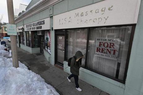 The empty store at 828 Mass. Ave. in Arlington once housed a massage parlor. 
