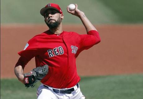 Boston Red Sox starting pitcher David Price works in the second inning of a spring training baseball game against the Detroit Tigers, Tuesday, March 12, 2019, in Fort Myers, Fla. (AP Photo/John Bazemore)
