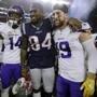 Minnesota Vikings wide receivers Stefon Diggs (14) and Adam Thielen (19) pose at midfield with New England Patriots wide receiver Cordarrelle Patterson (84) after an NFL football game, Sunday, Dec. 2, 2018, in Foxborough, Mass. (AP Photo/Steven Senne)