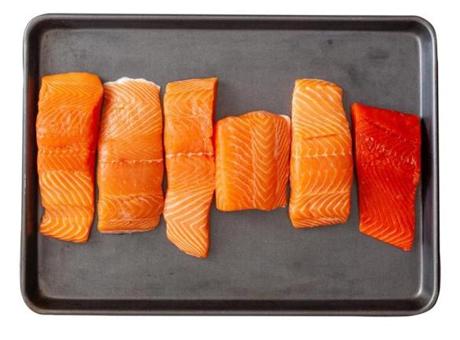 Salmon comes in many varieties including (from left) British Columbia, Canada, Norway, Faroe Islands, Scotland, and Alaska Sockeye.
