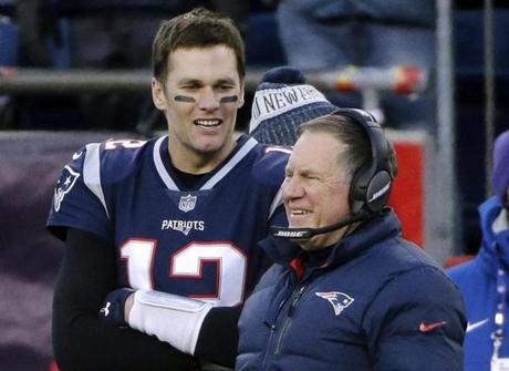 New England Patriots quarterback Tom Brady left and head coach Bill Belichick speak on the sideline during the fourth quarter of an NFL football game against the New York Jets, Sunday, Dec. 30, 2018, in Foxborough, Mass. (AP Photo/Steven Senne)
