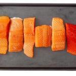 Salmon comes in many varieties including (from left) British Columbia, Canada, Norway, Faroe Islands, Scotland, and Alaska Sockeye.
