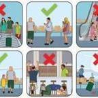 Images in the style of airport safety cards show the dos and don?ts of airport etiquette: people in line to speak with a TSA agent, people talking too loudly on cell phones, people crowding a baggage claim gate, people listening to music on headphones, people falling off chairs at the airport bar, kids making a mess in the waiting area, people blocking an escalator, people crowding the gate.