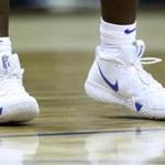 CHARLOTTE, NORTH CAROLINA - MARCH 14: A detailed view of Zion Williamson #1 of the Duke Blue Devils shoes against the Syracuse Orange during their game in the quarterfinal round of the 2019 Men's ACC Basketball Tournament at Spectrum Center on March 14, 2019 in Charlotte, North Carolina. (Photo by Streeter Lecka/Getty Images)