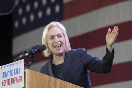 FILE - In this Nov. 6, 2018 file photo Sen. Kirsten Gillibrand speaks to supporters during an election night watch party in New York. New Jersey Sen. Cory Booker has sponsored a marijuana legalization bill and it?s supported by California Sen. Kamala Harris and fellow Sens. Gillibrand of New York, Elizabeth Warren of Massachusetts and Bernie Sanders of Vermont. (AP Photo/Mary Altaffer, File)

