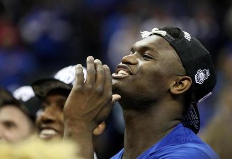 CHARLOTTE, NORTH CAROLINA - MARCH 16: Zion Williamson #1 of the Duke Blue Devils reacts after defeating the Florida State Seminoles 73-63 in the championship game of the 2019 Men's ACC Basketball Tournament at Spectrum Center on March 16, 2019 in Charlotte, North Carolina. (Photo by Streeter Lecka/Getty Images)

