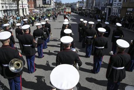 Boston, MA--03/17/2019--A Marine Corps marching band walks the parade route on St. Patrick's Day in South Boston. (Nathan Klima for The Boston Globe) Topic: 18parade Reporter:
