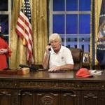 Aidy Bryant portrays White House press secretary Sarah Huckabee Sanders, left, and Alec Baldwin portrays President Donald Trump during a past cold open for 