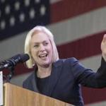 FILE - In this Nov. 6, 2018 file photo Sen. Kirsten Gillibrand speaks to supporters during an election night watch party in New York. New Jersey Sen. Cory Booker has sponsored a marijuana legalization bill and it?s supported by California Sen. Kamala Harris and fellow Sens. Gillibrand of New York, Elizabeth Warren of Massachusetts and Bernie Sanders of Vermont. (AP Photo/Mary Altaffer, File)