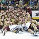 Boston MA 3/17/19 Boston College High players and coaches after their 2-1 victory over Pope Francis High during the fourth overtime period of the MIAA D1A boys' Hockey State Championship at TD Garden. (photo by Matthew J. Lee/Globe staff) topic: reporter: 