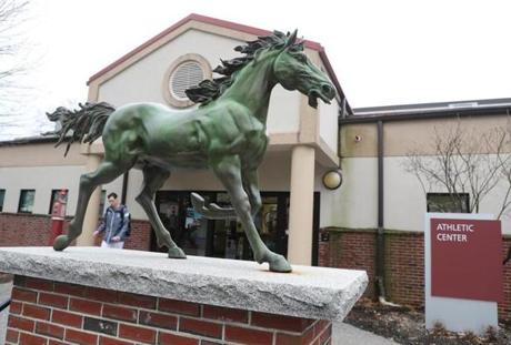 Newton MA 02/24/18 A statue of Mt. Ida's mascot a Mustang in front of the school's Athletic Center. (Matthew J. Lee/Globe staff) topic: reporter:
