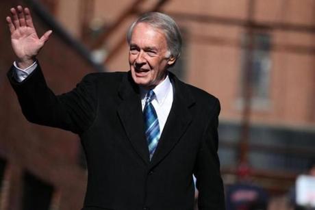 Lawrence, MA - February 09, 2019: US Senator Ed Markey waves as he arrived to endorse and introduce Untied States Senator Elizabeth Warren during a rally at Everett Mills in Lawrence, MA on February 09, 2019. US Senator Elizabeth Warren, the law professor turned firebrand of the progressive left, made her run for the presidency official on Saturday, laying out a populist vision for the change needed to right an economy gone wrong that imbued her longtime focus on inequality with new liberal tenants like Medicare for All and the Green New Deal. Speaking on the steps of a hulking mill building, Warren kicked off her campaign with a history lesson about the immigrant women who had gone on strike inside more than a century ago to protest squalid labor conditions and dwindling pay, connecting themes of labor rights, immigration, and gender to her own campaign. (Craig F. Walker/Globe Staff) section: Metro reporter:
