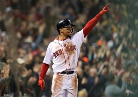 RED SOX SLIDER26 Los Angeles, CA - 10/26/2018 - Mookie Betts reacts after striking out in the first inning of Game 3 of the World Series. The Los Angeles Dodgers host the Boston Red Sox in Game 3 of the World Series at Dodger Stadium. (Jim Davis/Globe staff)
